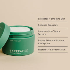 Barefaced Glow Peel Pads, texture affinée et peau plus lisse après application.