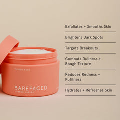Barefaced Toning Pads pot-disques montrant le contenant et les disques exfoliants