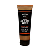 Barrel & Oak exfoliating scrub bottle closeup for refreshed skin and shave prep