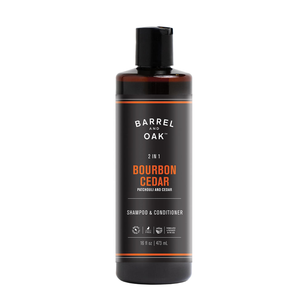 Barrel & Oak 2in1 shampoo and conditioner bottle highlights bourbon cedar scent and all-in-one cleansing.