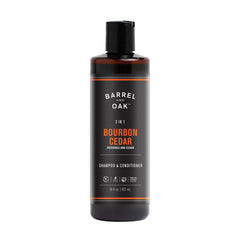 Barrel & Oak 2in1 shampoo and conditioner bottle highlights bourbon cedar scent and all-in-one cleansing.