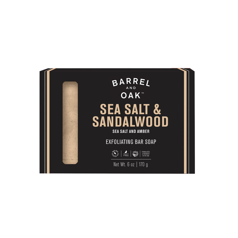 Barrel & Oak savon exfoliant pour hommes avec poudre de coquille de noix pour peau lisse.