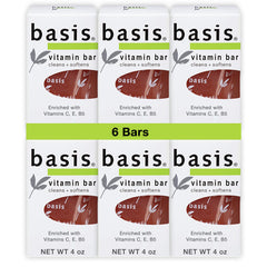 Basis Vitamin Bar Soap packaging showing a six-pack for everyday cleansing convenience.
