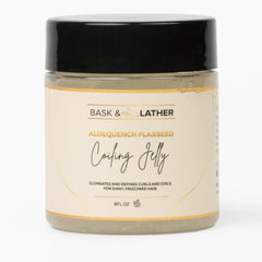 Bask & Lather Aloequench coiling jelly bottle for defined curls and frizz control.