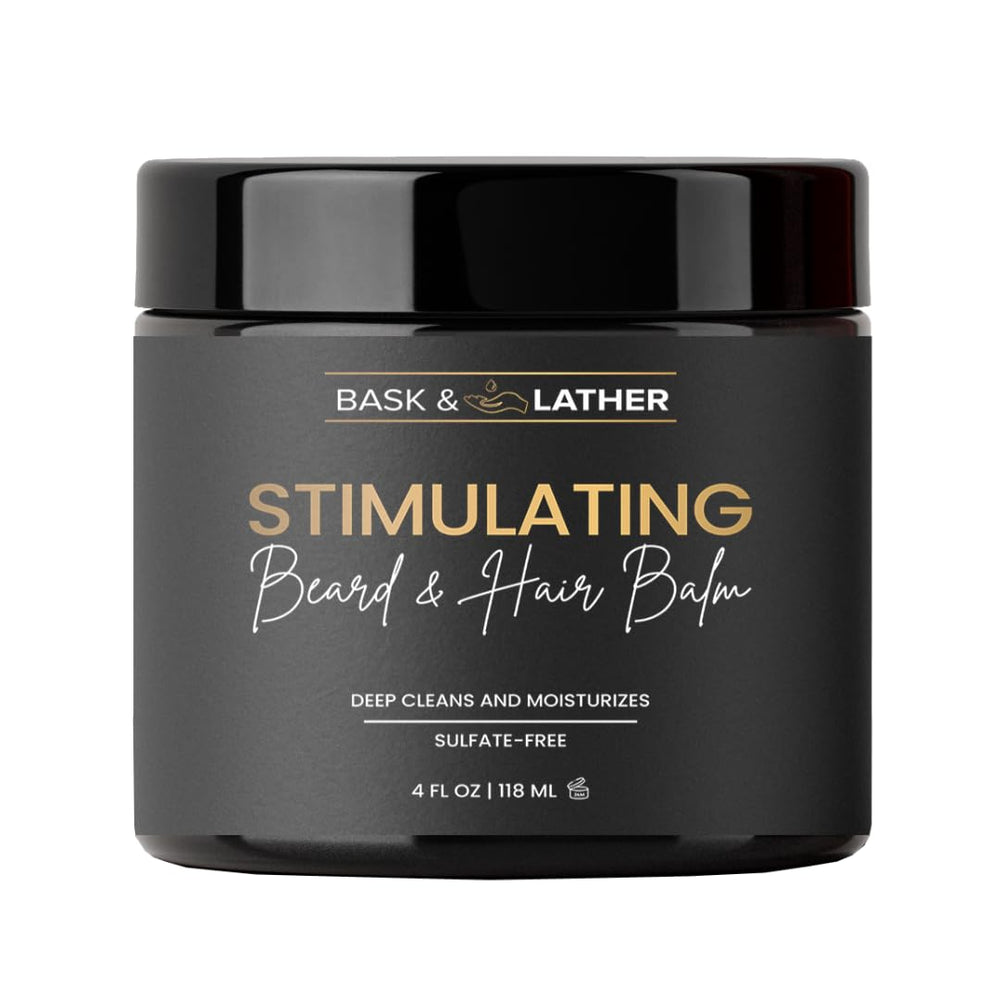 BASK & LATHER baume stimulant cheveux et barbe sur flacon, nourrissant et hydratant.