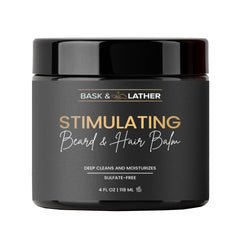 BASK & LATHER baume stimulant cheveux et barbe sur flacon, nourrissant et hydratant.