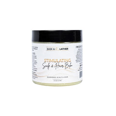 Bask & Lather Stimulating Scalp Balm bottle highlighting soothing hydration for a balanced scalp.