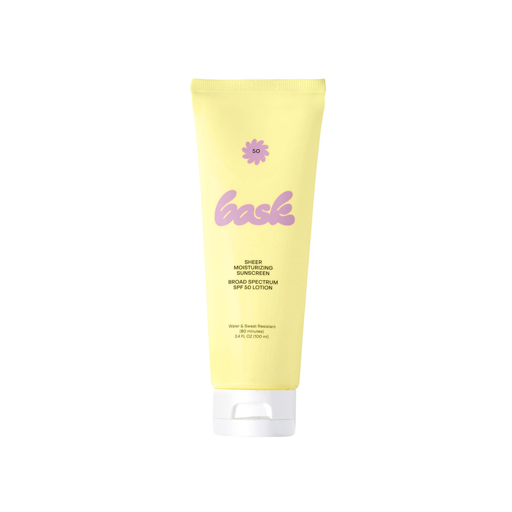 Bask Suncare SPF 50, bouteille en gros plan, protection UVA/UVB légère.
