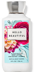 Lotion Hello Beautiful de Bath & Body Works dans une bouteille, hydratation durable et parfum léger.