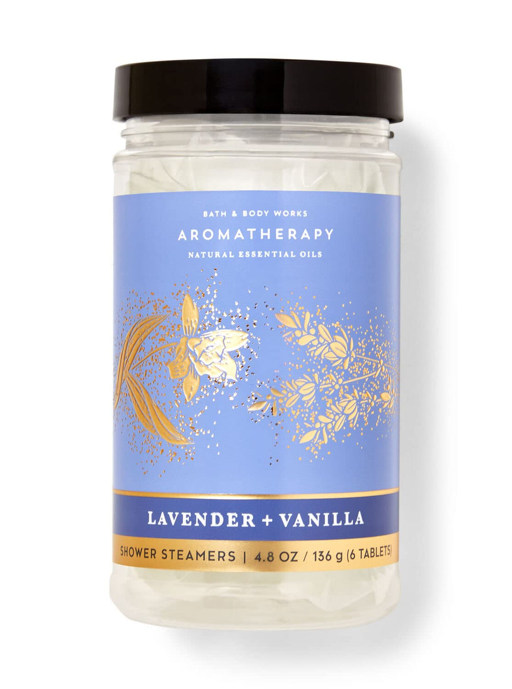 Bath Body Works shower steamer bottle with lavender-vanilla scent for a refreshing morning.