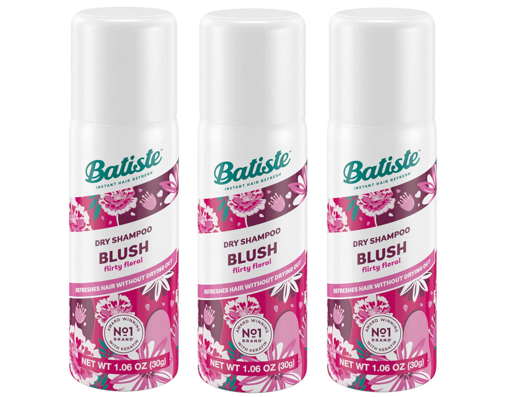 Batiste Shampoing Sec Floral et Fruité Blush en pack de 3, prêt à l'emploi.
