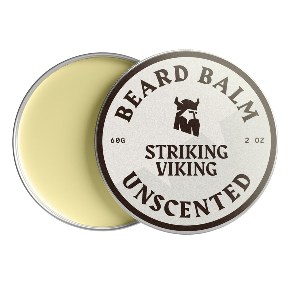 Baume à barbe Striking Viking dans une boîte métallique compacte, idéal pour voyager.