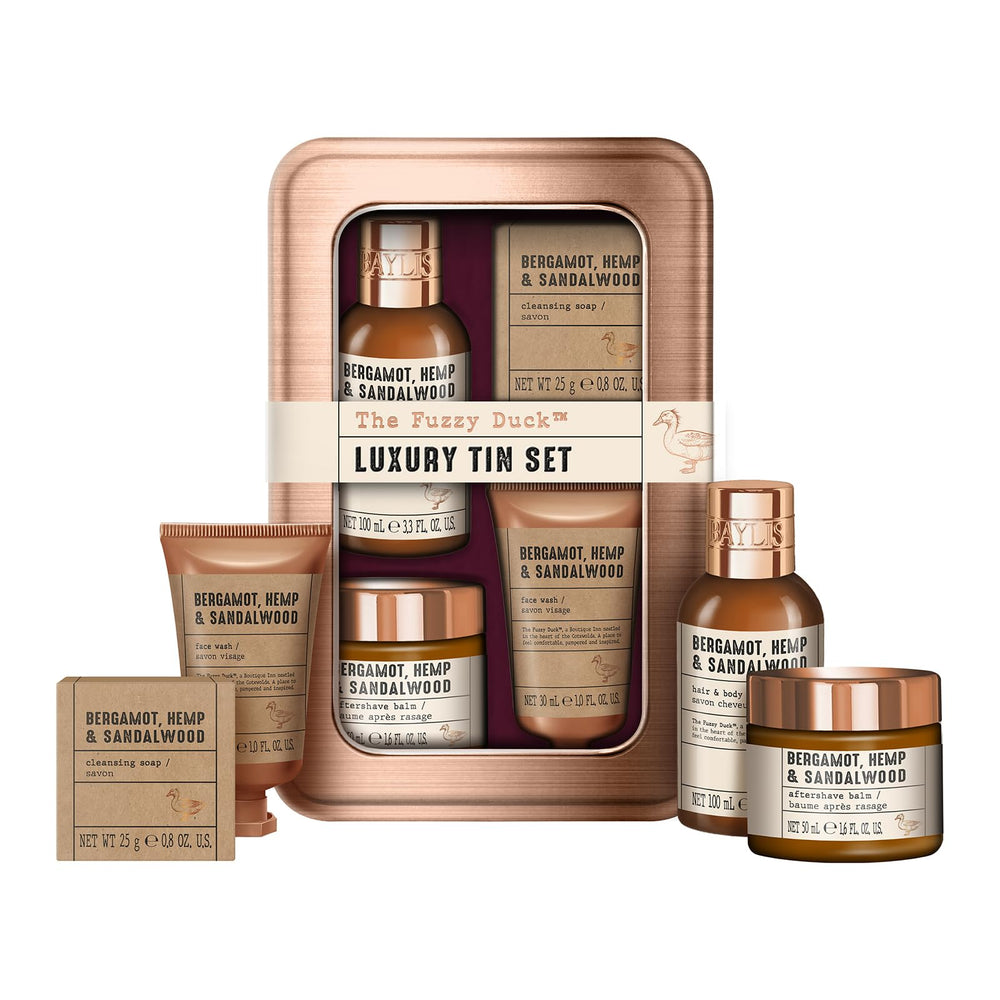 Coffret Baylis & Harding Fuzzy Duck bergamot chanvre santal, cadeau masculin élégant.