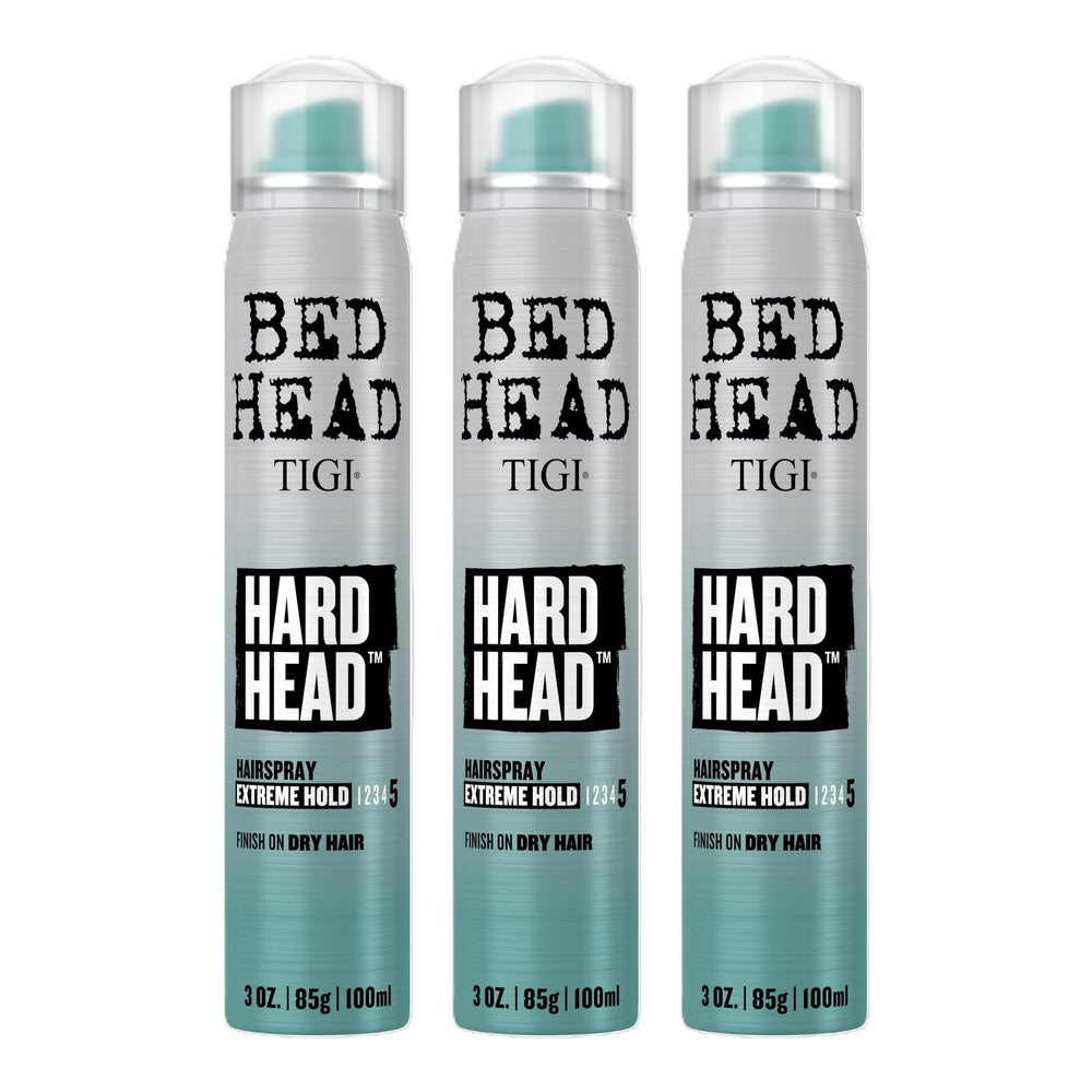 Bed Head Hard Head hairspray bottle showing extra-strong hold for all hair types.
