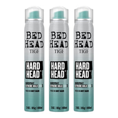 Bed Head Hard Head hairspray bottle showing extra-strong hold for all hair types.