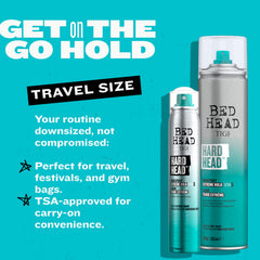 Hands spraying Bed Head Hard Head for long-lasting styling hold.