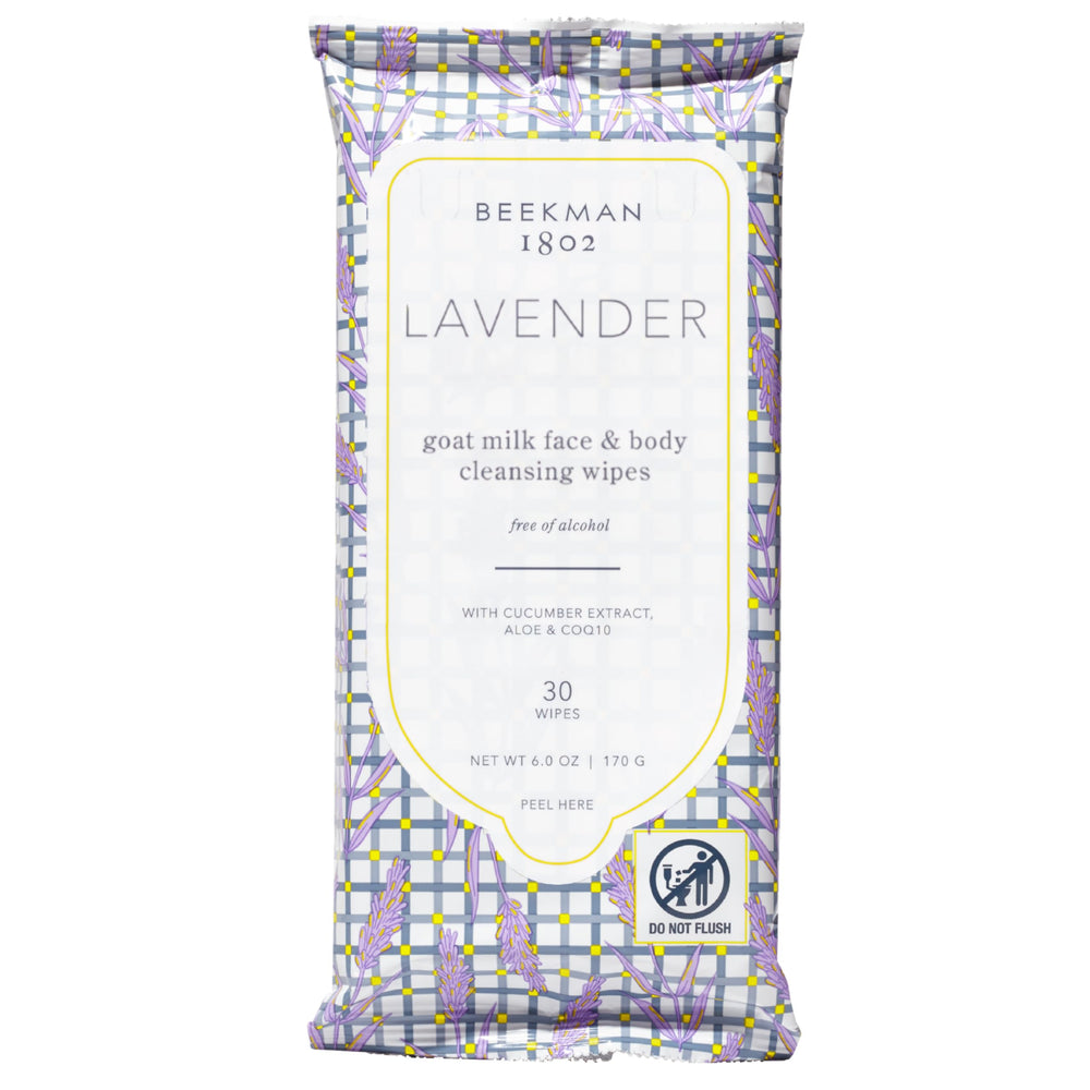 Beekman 1802 lingettes lavande, emballage pratique pour nettoyage rapide.