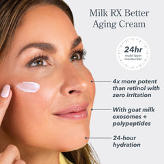 Beekman 1802 Milk RX crème visage sur fond neutre, texture onctueuse prête à hydrater.
