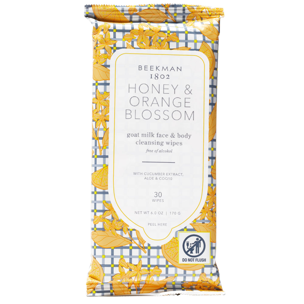 Beekman 1802 lingettes visage et corps miel et fleur d’oranger en emballage pratique.