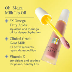 Beekman 1802 Oh Mega Milk Lip Oil, texture brillante qui laisse les lèvres souples.