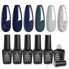 Beetles bleu nuit scintillant ensemble – six teintes prêtes pour une manucure durable.