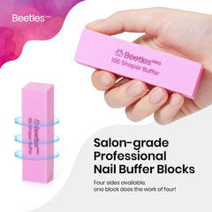 Bloc de polissage Beetles rose 4 cotes pour ongles acryliques, surface prête.