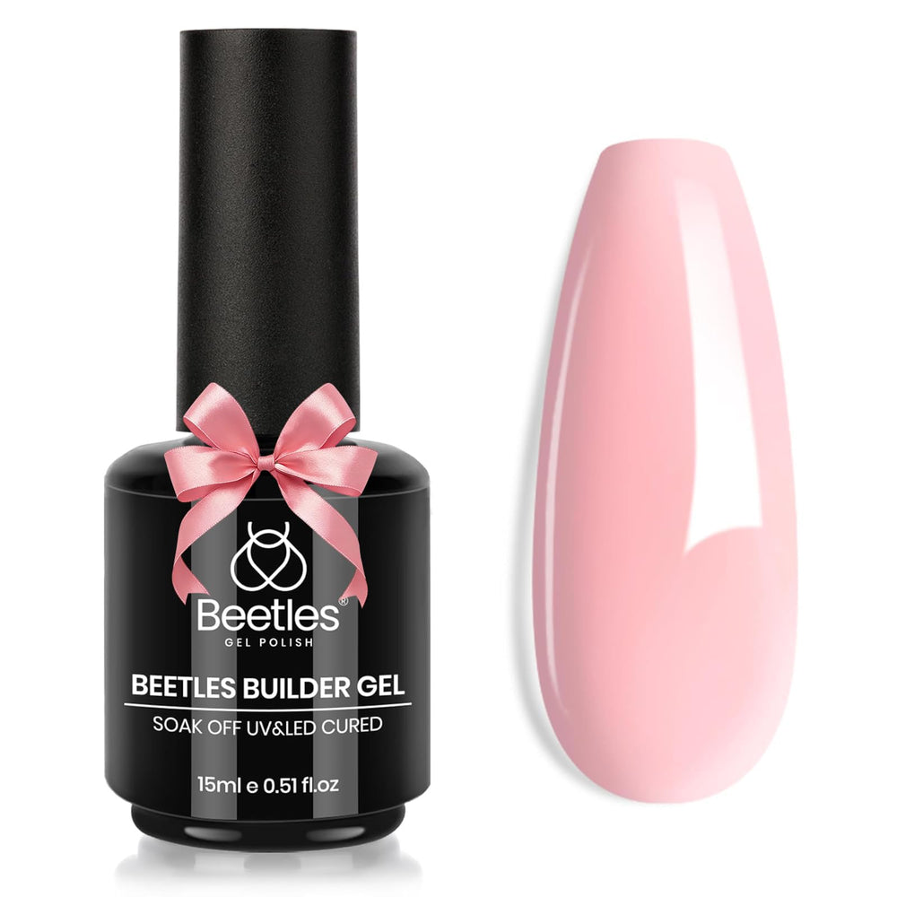 Beetles Builder Gel : bouteille rose pâle prête pour des extensions durables.