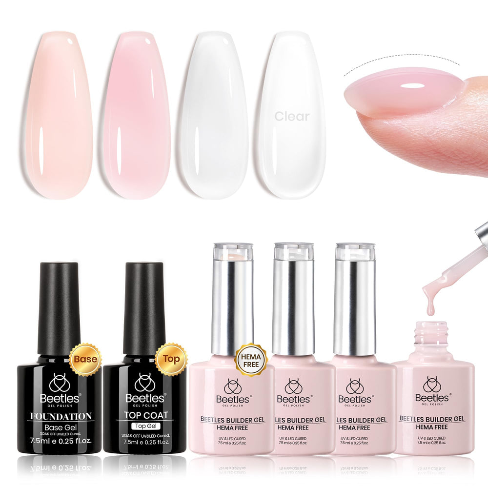 Beetles Builder Gel Set sans HEMA avec teintes nude pour ongles naturels renforcés.