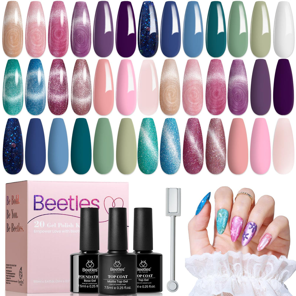 Beetles Cat Eye Gel Polish Floral Verses – boîte avec 20 couleurs pour une manucure personnalisée.