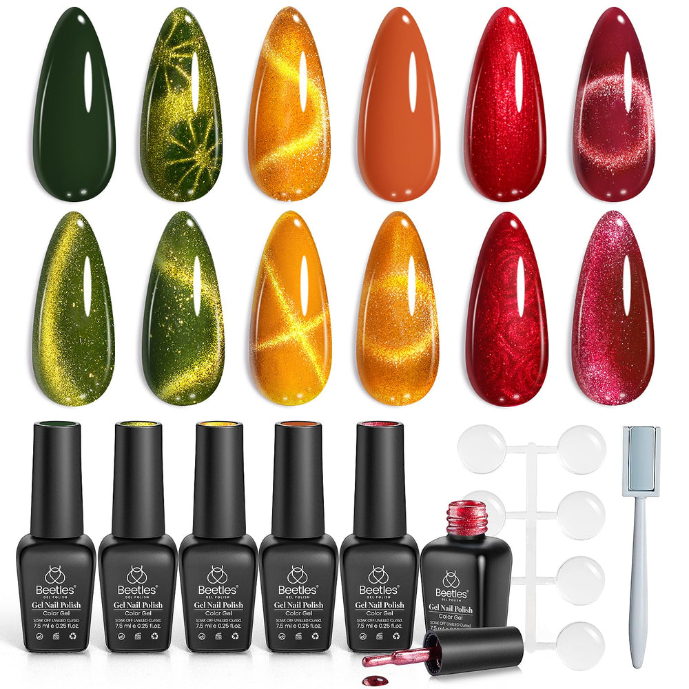 Vernis gel Beetles effet œil de chat rouge bordeaux sur ongle lumineux.