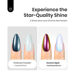 Beetles Chrome Poudre effet miroir sur ongles, reflets variables selon la base.