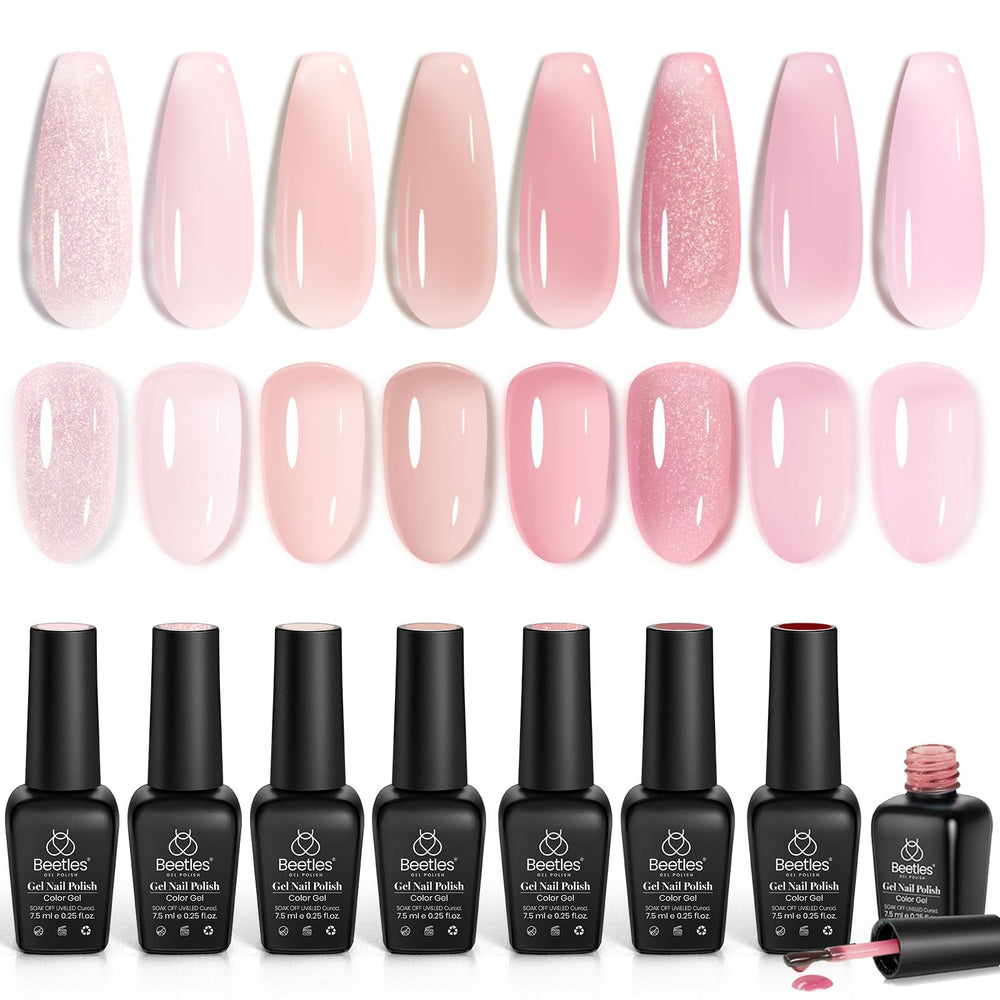Beetles ensemble vernis gel rose nude, longue tenue et fini brillant.