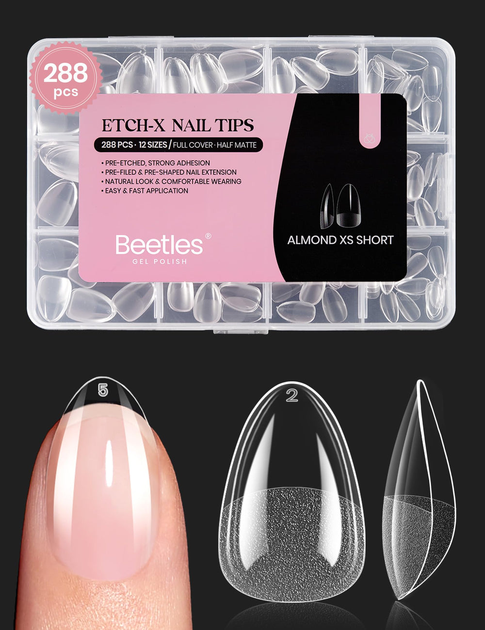 Beetles conseils d'ongles amande extra-courts – ensemble rapide et propre.
