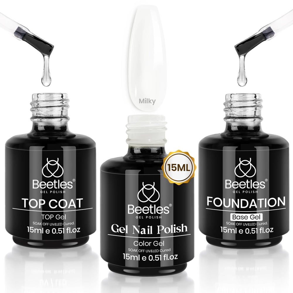 Beetles Gel Milky White avec base sans essuyage pour une tenue longue durée.