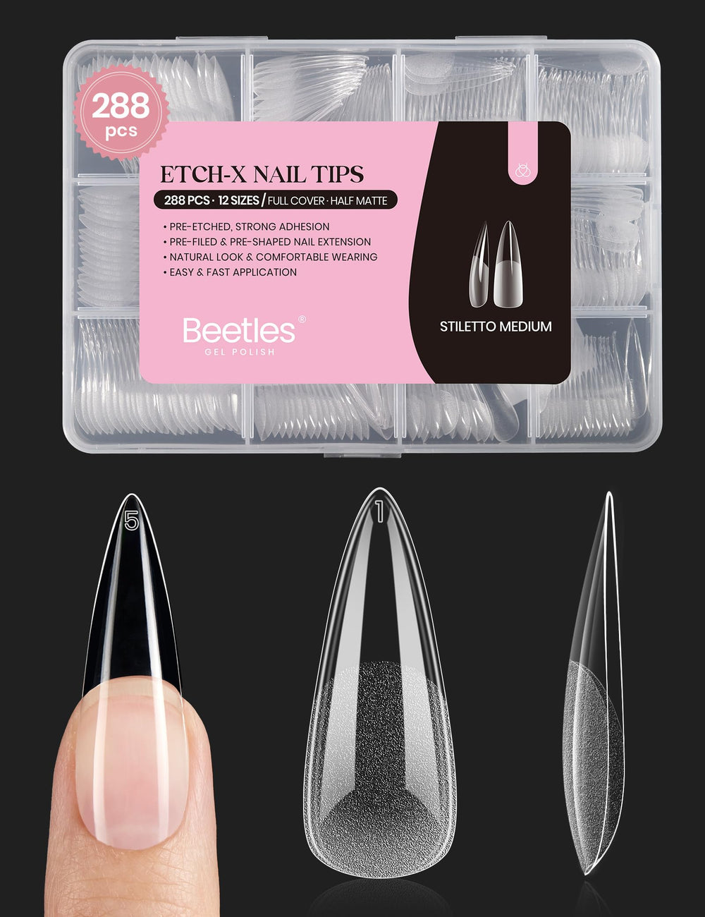 Beetles Gel Tips Etch-X stiletto medium—durable 288-piece kit for easy DIY nails