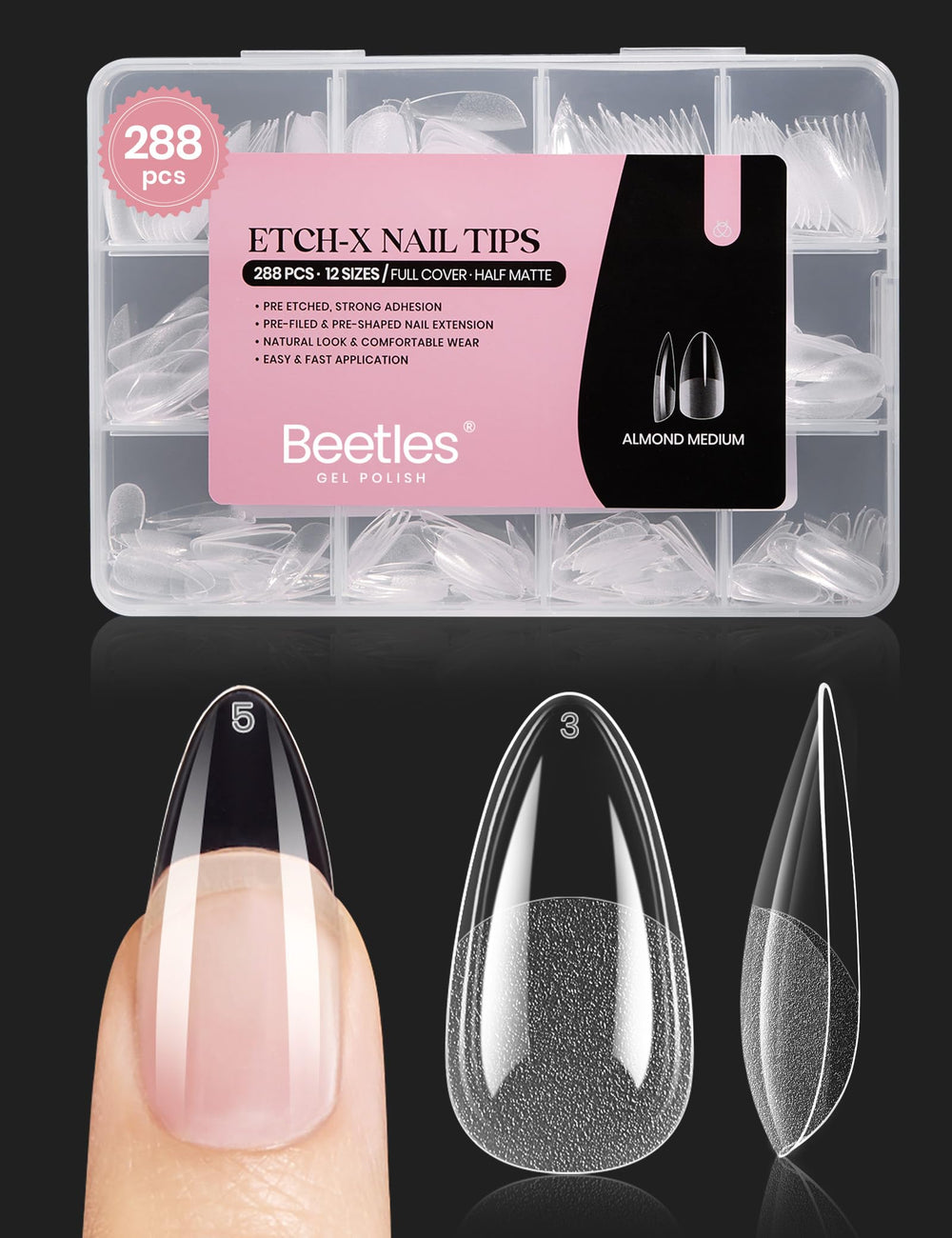 Ongles Beetles Gel Tips Almond Etch X – texture demi-mate interne pour adhérence naturelle.