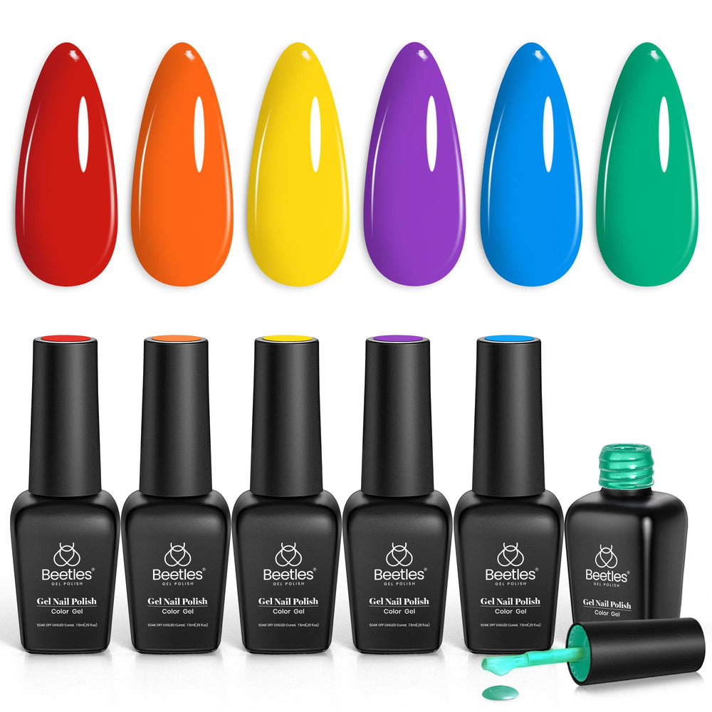 Beetles Gel Polish Arc-en-Ciel: bouteilles alignées pour une manucure rapide et colorée.