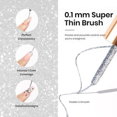 Gel liner Beetles Argenté pour motifs nail art étincelants.