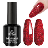 Beetles Gel Polish rouge pailleté sur bouteille, fini festif et durable