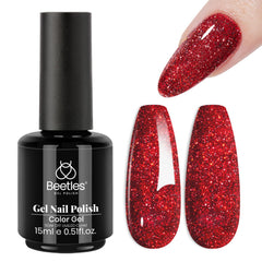 Beetles Gel Polish rouge pailleté sur bouteille, fini festif et durable