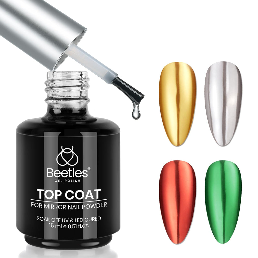 Beetles Gel Top Coat chrome-poudre : finition miroir durable sur ongles.