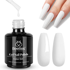 Beetles Gel Blanc, bouteille gros plan, vernis durable et brillant.