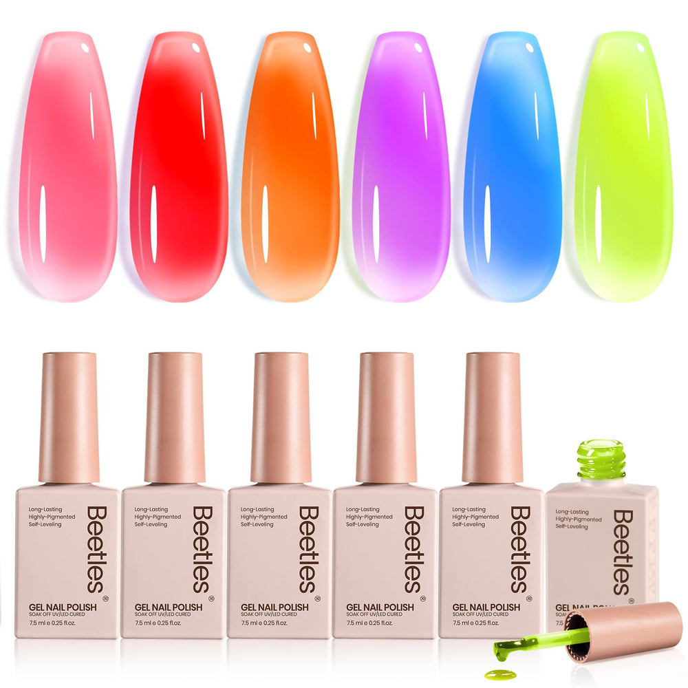 Beetles Jelly Gel Polish ensemble de 6 couleurs néon pour ongles éclatants.