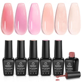Beetles Jelly Gel vernis rose nu avec paillettes pour une manucure lumineuse.