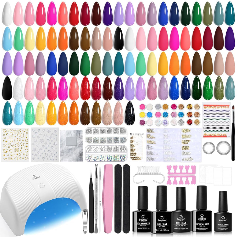 Beetles kit-vernis-gel-32-couleurs avec lampe UV pour des créations faciles à la maison.