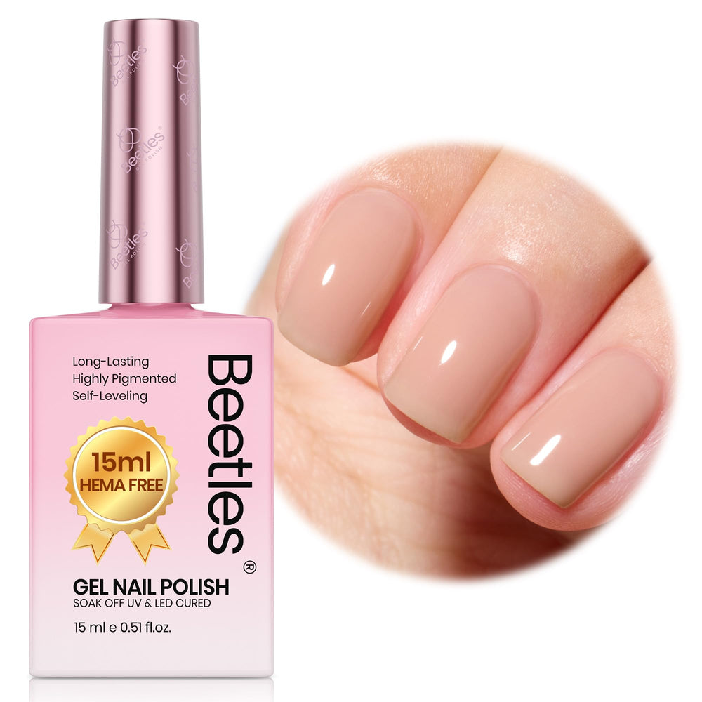 Beetles Nude Brown Gel – bouteille lumineuse montrant la teinte nude naturelle.