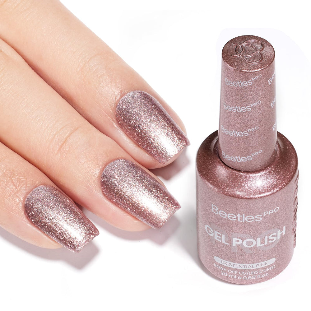 Beetles Pro Existential Pink : bouteille gel rose scintillant pour une manucure uniforme