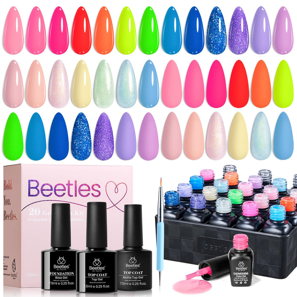 Beetles Summer Gel: 20 teintes neon pour des designs estivaux éclatants.