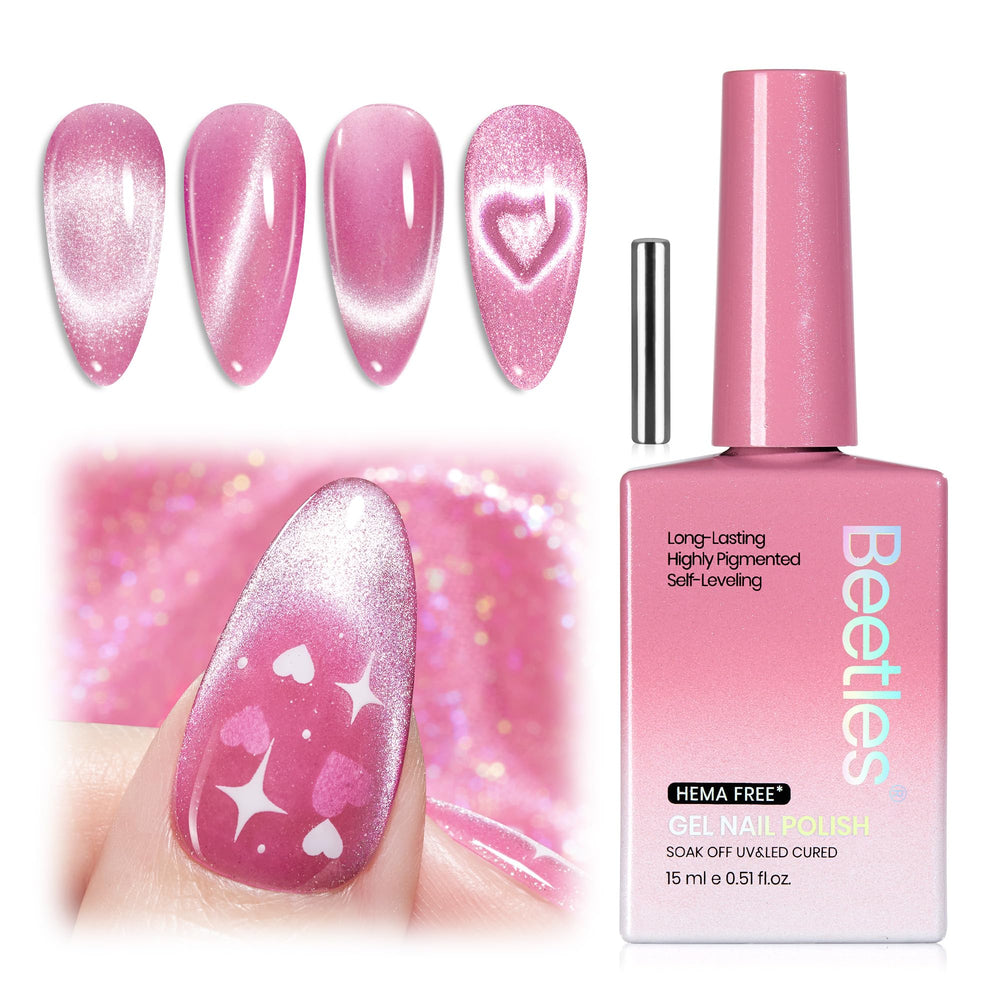 Beetles tourbillon-sucre rose œil-de-chat vernis pour une manucure glamour.