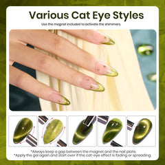 Beetles Vernis Gel œil-de-chat olive vert miroir, effet glamour sur les ongles.